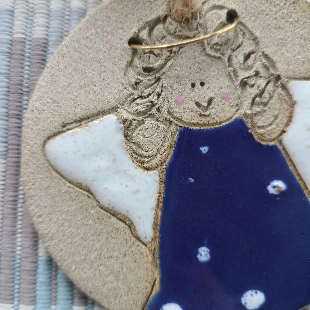Vintage Handmade Sandcast Clay Enamel Angel Ornament Round Disc Wire Halo Wings